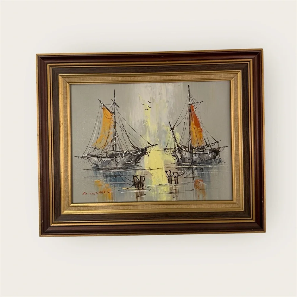 Vintage MCM signed framed Renato Longanesi boat painting - Picture 1 of 10